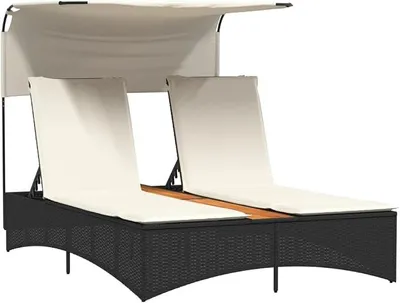Produktbild von Doppel-Sonnenliege mit Dach und Auflagen, Gartenliege für 2 Personen aus Poly Rattan und Akazienholz, verstellbare Rattan-Sonneninsel für Garten, Schwarz