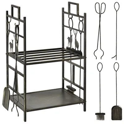 Productafbeelding van Outsunny Houtrek met haardaccessoires, Houtopslag, Houtopslag, Haardaccessoires, IJzer, Zwart+Goud, 51,5x33x77 cm