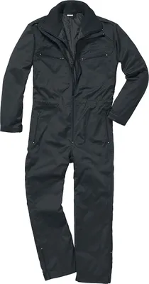 A black jumpsuit is shown laid flat against a white background.