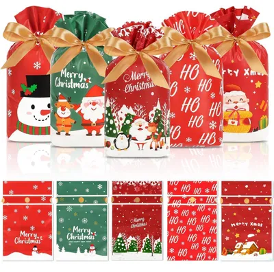 Immagine prodotto di Sacchetti per dolcetti, 50 pezzi, in plastica, con cordoncino, dimensioni 15 x 23 cm, adatti per feste natalizie, assortiti