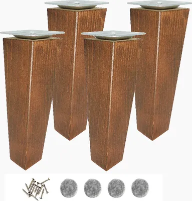 Four wooden furniture legs with metal top plates, along with screws and felt pads, are displayed against a white background.