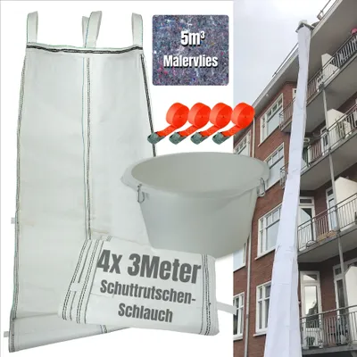 Obrázek produktu pro Žlab na suť 12 m | Flexibilní hadice 4x 3 m, snadná instalace | Žlab na suť včetně násypky, napínacího popruhu 4x a malířského rouna 5 m³