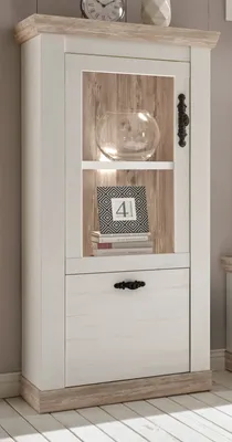 Produktbild von Vitrine "Rovola" Pinie weiß / Oslo Pinie Landhaus Vitrinenschrank 71 x 146 cm