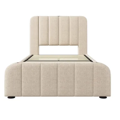 Produktbild von Flieks Polsterbett 90x200cm mit Ladefunktion (USB, Typ-C), Einzelbett Stauraumbett mit 4 Schubladen, Jugendbett Funktionsbett, Leinen, Beige