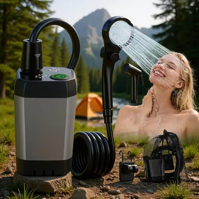 Produktbild von Camping-Duschset, tragbare, wasserdichte Dusche (6000 mAh), USB-aufladbare elektrische Duschpumpe, 4 Outdoor-Modi, mit Smart-Display, für Outdoor-Aktivitäten wie Camping, Wandern und Gartenarbeit