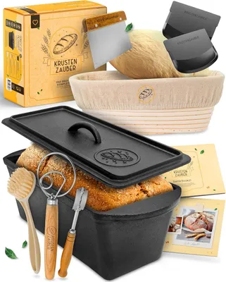 Produktbild von KRUSTENZAUBER Brotbackform mit Deckel im XXL-Set für selbstgebackenes Brot - Geschenkfertige Kastenform Brot mit Deckel samt Backzubehör aus Gusseisen