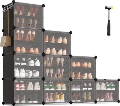 Produktbild von Unyqoos® Schuhregal mit 10 Fächern – schmaler Schuhschrank für bis zu 40 Paar, 30×40×30 cm pro Fach, mit Türen, Stahlrahmen & Kunststoff, schwarz