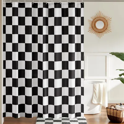 Produktbild von Karierter Duschvorhang fürs Badezimmer, schönes Retro-Karomuster, Duschvorhang im Vintage-Stil, maschinenwaschbar, Stoffduschvorhang, schwarz-weiß, 183 x 183 cm