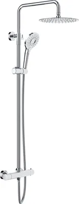 Zdjęcie produktu dla System prysznicowy Rainsworth z termostatem, okrągła deszczownica 25 cm ze stali nierdzewnej, 3 tryby strumienia, zestaw prysznicowy 92-126 cm, chrom