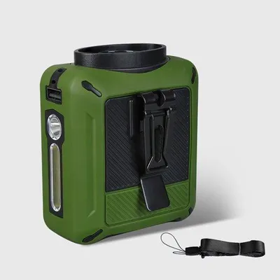 Image de Petit ventilateur de poche vert militaire, idéal pour le camping et les voyages, avec 5 vitesses et une lampe de poche.