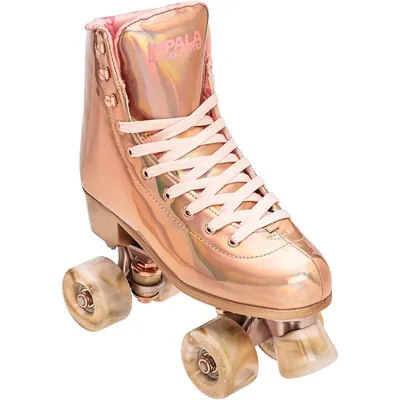 A single rose gold roller skate is shown against a white background.