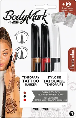 Produktbild von BodyMark by BIC, temporäre Tattoos in 3 Farben, Pinsel & feine Spitze, geruchsarme & schnell trocknende Tattoo Stifte für die Haut mit 2 Schablonen