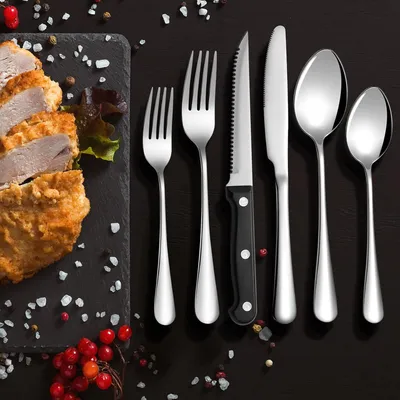 Immagine prodotto di Set di posate per 8 persone, 48 pezzi in acciaio rosso, altamente lucidato con bistecche, forchetta, cucchiaio, lavabili in lavastoviglie, set di posate per casa, matrimonio, banchetto
