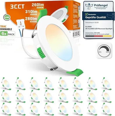 Obrázek produktu pro Vestavěné bodové světlo 230V, 68mm, stmívatelné, 4W LED, ultra ploché, IP44, vhodné do koupelen, teplá bílá 3000K, neutrální bílá 4000K, studená bílá 6500K, stropní svítidla do koupelen a obývacích pokojů, sada 24 kusů