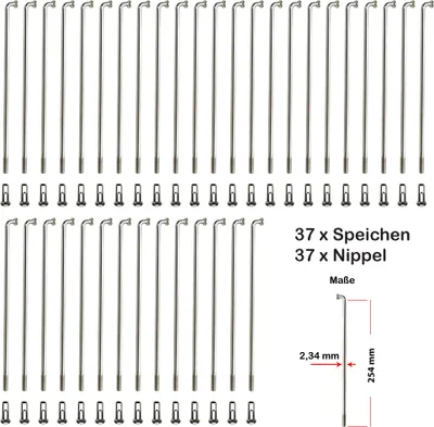 Produktbild von 37 Stück Speichen 254mm verstärkt Edelstahl 2,34mm Messing Speichennippel
