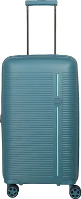 A studio shot of a teal suitcase.