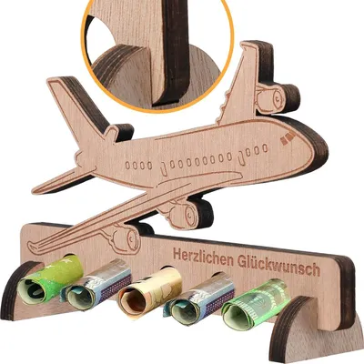 Produktbild von Holzgeschenk Geldtransportflugzeug Aufschrift in Deutsch