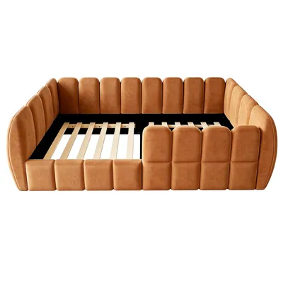 Produktbild von Flieks Kinderbett 90x200cm mit Rausfallschutz, Polsterbett Einzelbett mit Lattenrost, Tagesbett Jugendbett für Kinder- und Jugendzimmer, Samt, Orange