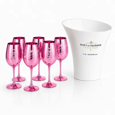 Image de Set de refroidisseur à champagne pour Moët & Chandon – Refroidisseur en acrylique pour magnum, comprenant 6 verres à champagne en verre véritable, couleur rose – Coffret de champagne de luxe