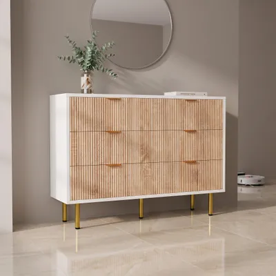 Produktbild von INONEFT Schubladenschrank 100x34x73cm, Kommode mit 6 Schubladen, Sideboard mit Metallgriff, für Schlafzimmer, Wohnzimmer, Flur, Holzfarbe + Weiß