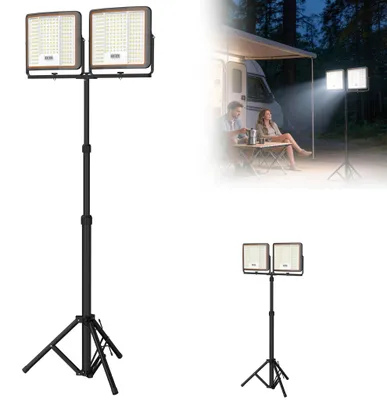 Image de Projecteur de chantier LED LZQ 2×300W avec trépied, 24000 lumens, blanc froid, étanche IP66, pivotant à 360°, luminaire de travail à intensité variable pour garage, atelier, jardin – feu d'avertissement rouge-bleu