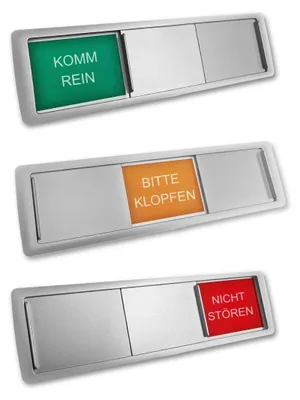 Produktbild von CombiCraft Schiebeschild 'Komm rein/Bitte klopfen/Nichtstören' in einem silberfarbenen Kunststoffschiebeprofil ca. 178x50mm - Pro Stück