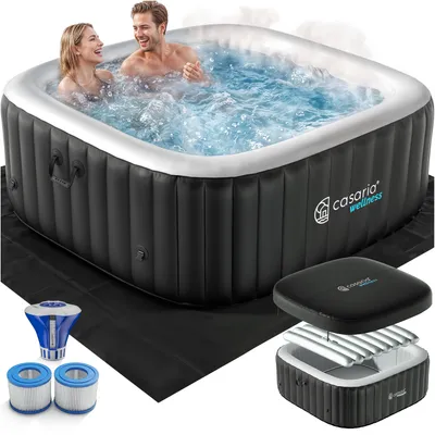 Image de CASARIA Spa gonflable carré 4 places 165x165cm avec 100 duses Intérieur et extérieur Chauffage jusqu’à 42°C Filtration et couverture isolante