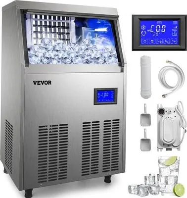 Zdjęcie produktu dla VEVOR Komercyjna kostkarka do lodu, 132 lb/24 godziny, kostkarka do lodu ze stali nierdzewnej o pojemności 33 lb, kostkarka do lodu o mocy 335 W z panelem sterowania LCD, pompą spustową filtra wody do barów, restauracji, 220 V