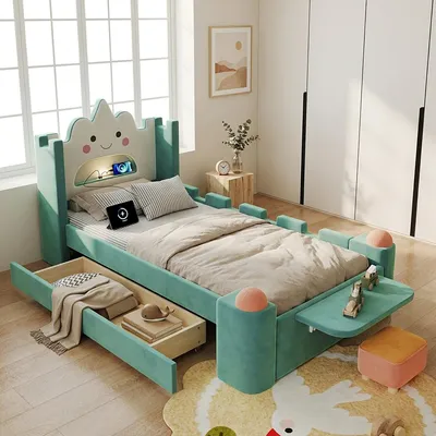 Produktbild von Flieks Kinderbett 90x200cm mit Led und Usb, Polsterbett mit Schublade und klappbarer Ablage, Stauraumbett Einzelbett mit Rausfallschutz, Samt, Blau