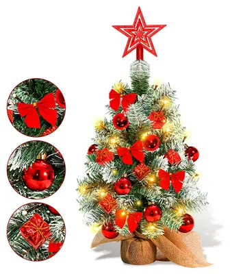Produktbild von Peviasot Mini Weihnachtsbaum Tannenbaum Künstlicher Christbaum mit LED-Lichterkette, Tischdeko mit Christbaumkugeln und Schleife, 40cm Rot