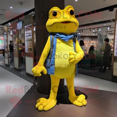 Produktbild von Gelber REDBROKOLY Frosch Maskottchen Kostüm charakter bekleidet mit Schlagjeans und Schlüsselanhängern