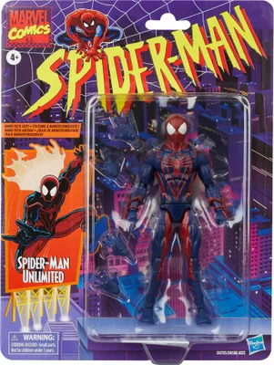 A Spider-Man action figure in its original packaging, displayed against a purple, city-themed background.