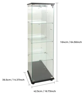 Produktbild von LED Glas Vitrinenschrank - Standvitrine mit Schloss - 4 Ebenen Spiegelrückwand - 164×42,5×36,5 cm - Schwarz
