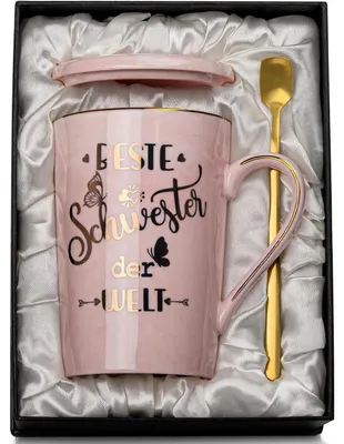Productafbeelding van Koffiekop van roze marmer met gouddruk, 400 ml, cadeau set voor een zus