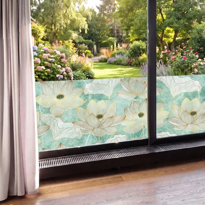 Obrázok produktu pre Fólia na ochranu súkromia – efekt zlatých lotosových kvetov – nálepka na okná a sprchové dvere – 40 x 100 cm