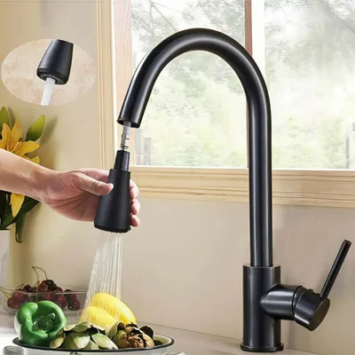 Produktbild von Küchenarmatur Edelstahlmaterial,Ausziehbar Wasserhahn,360° Drehbar mit herunterziehbaren Sprühgeräten, Küche Hochdruck Armatur Dual-Spülbrause,Schwarz