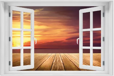 Produktbild von Wallario Wandbild mit Fenster-Illusion: Steg am See - Sonnenuntergang und roter Himmel, Größe: 61 x 91,5 cm, Poster mit weißem Aluminiumrahmen