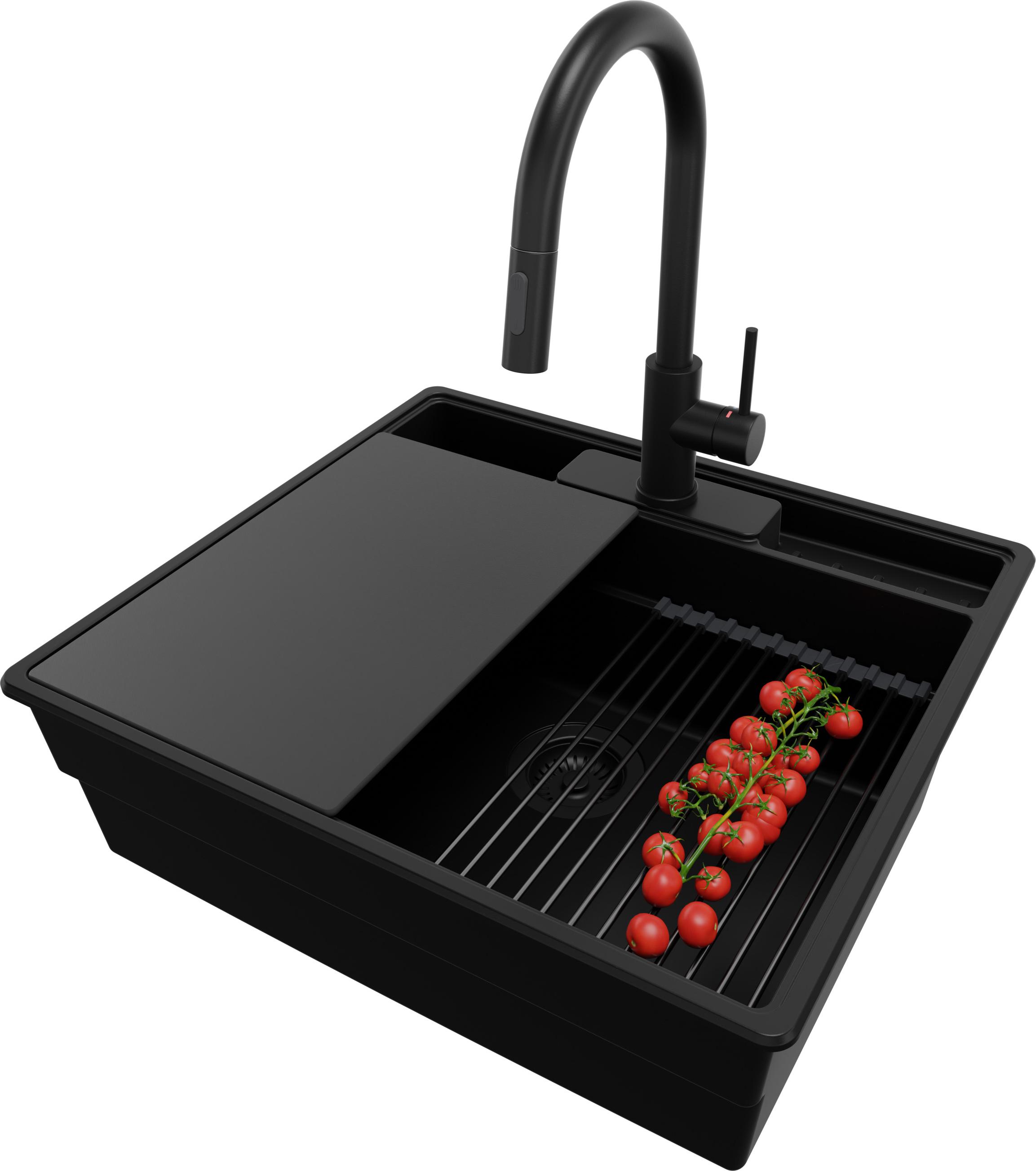 PRIMAGRAN Granitspüle Alles Schwarz 58x53cm, Spülbecken 1 Becken + Ablauf-Set + Küchenzubehörset, Küchenspüle ab 60er Unterschrank - New York