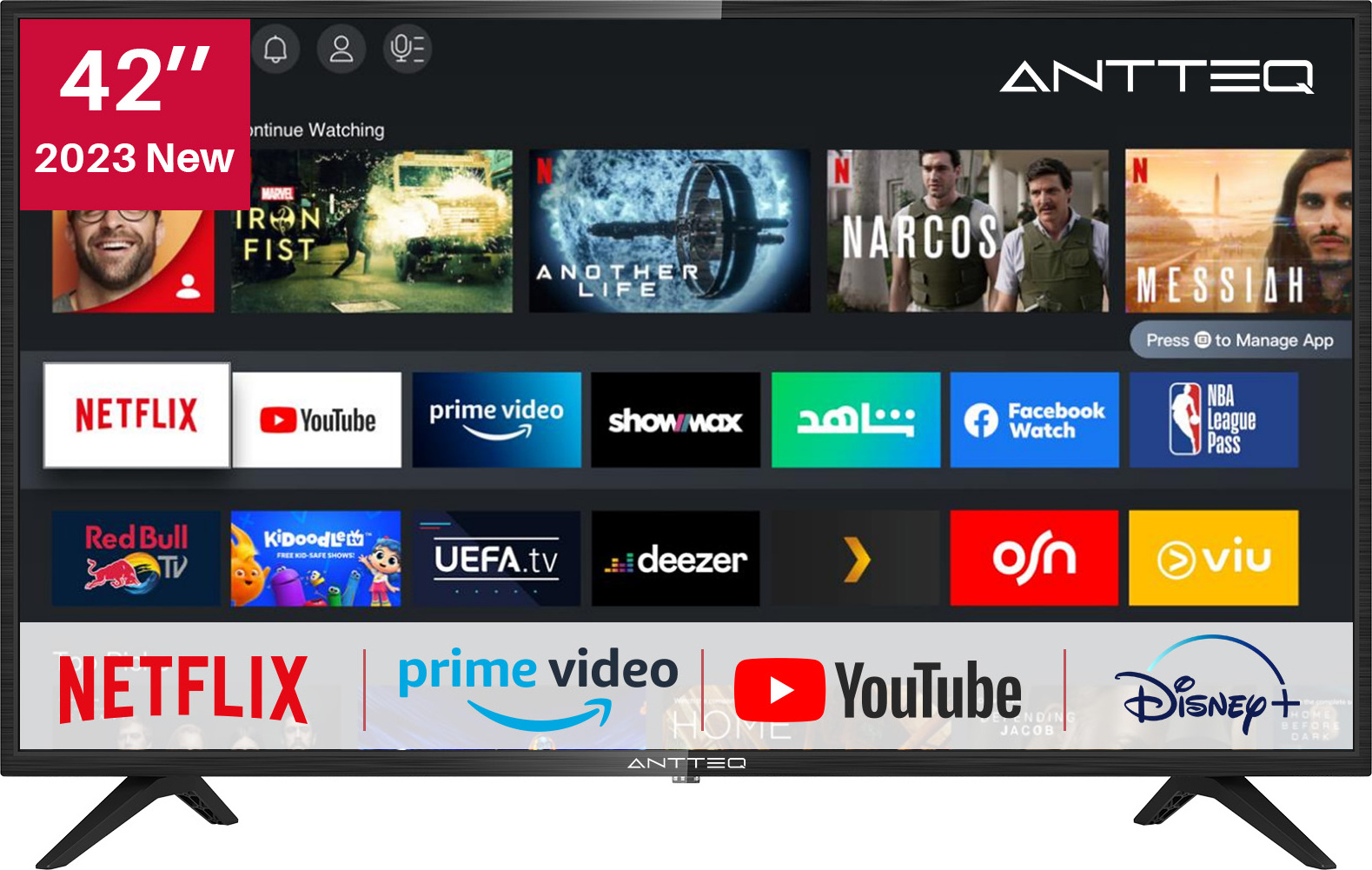 ANTTEQ AV42F3 Fernseher 42 Zoll (106 cm) Smart TV mit Netflix, Prime Video, Rakuten TV, DAZN, Disney+, Youtube, UVM, Wifi, Triple-Tuner DVB-T2 / S2 / C, Dolby Audio