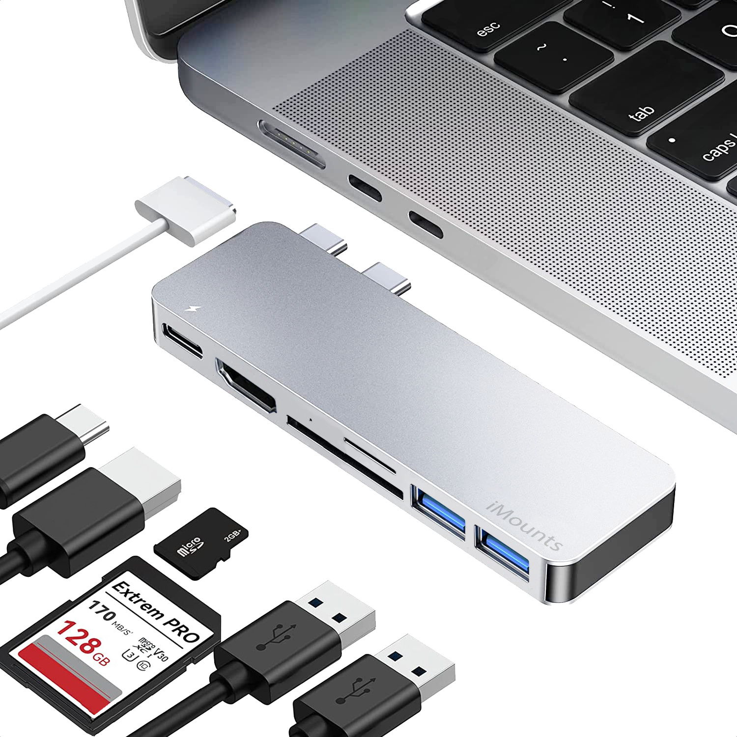 iMounts MacBook Air M2/M3 USB-C Hub - HDMI, USB3.0, čítačka SD kariet, nabíjanie - Pro/Air - strieborná