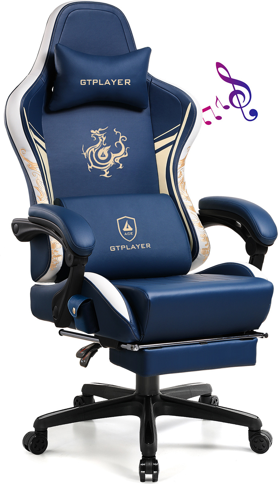 GTPLAYER Herné kreslo Herné kreslo s Bluetooth reproduktormi a opierkou na nohy, kancelárske kreslo série Dragon, ergonomické otočné kreslo, počítačové kreslo modré