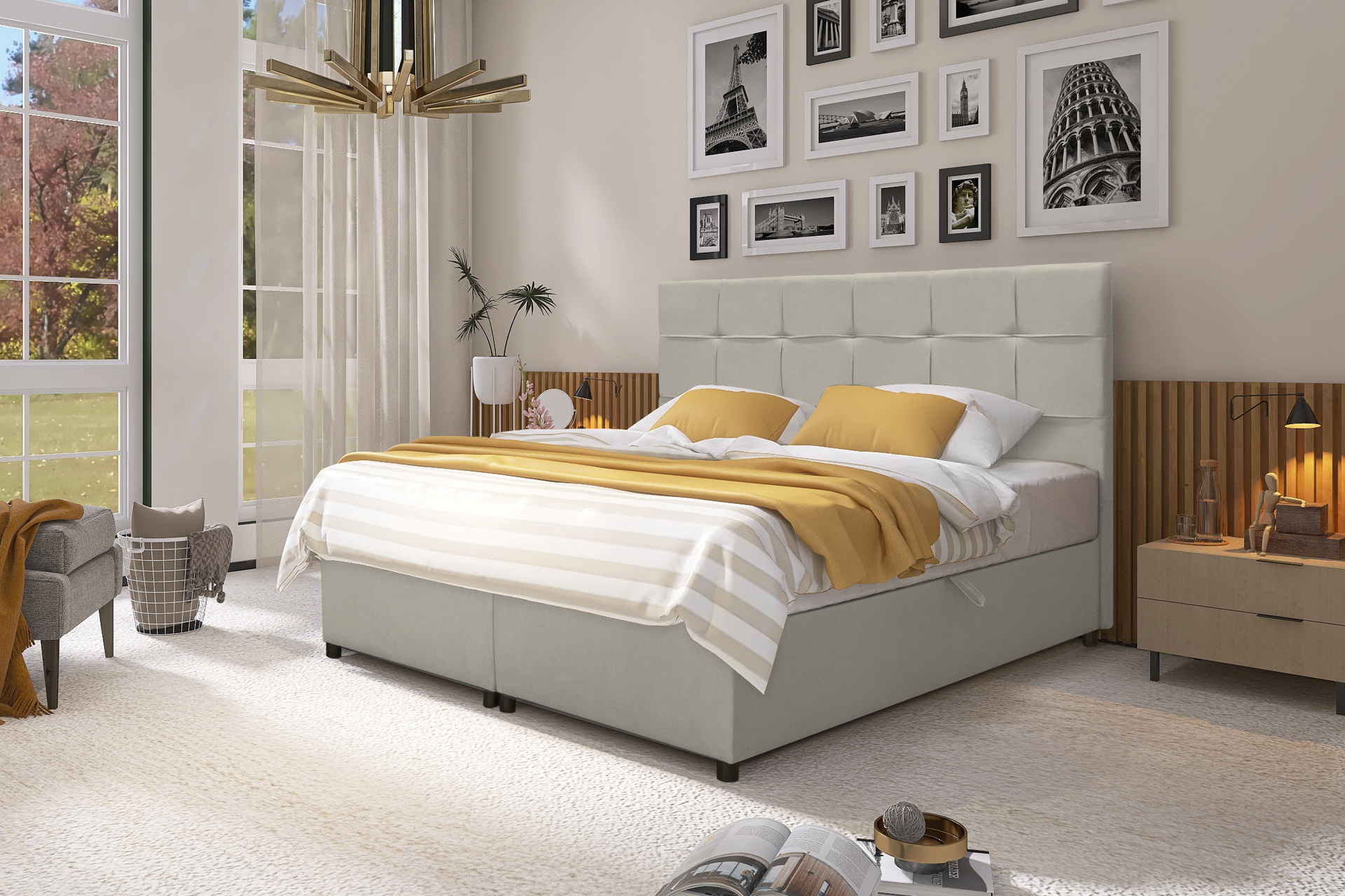 Skriňová posteľ Aether Continental s pružinovým matracom Bonell a topperom, čalúnená posteľ, manželská posteľ (látka Enjoy 1 Bage) (180 x 200 cm)
