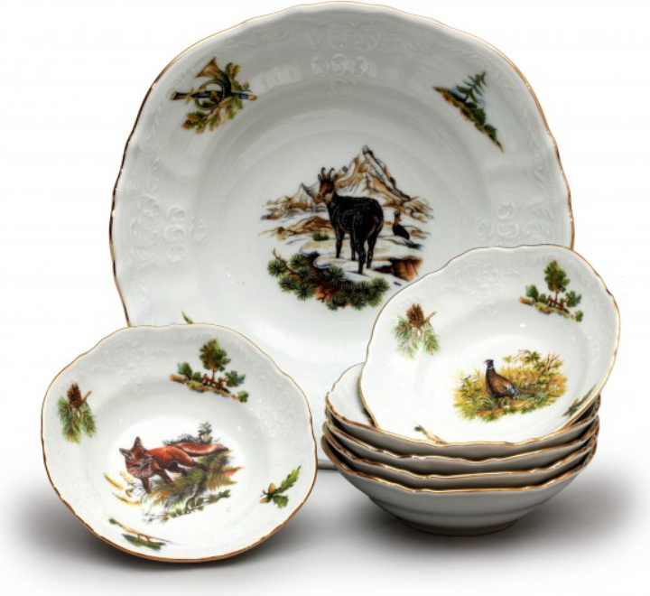 Thun 1794 Bernadotte, Kompottgarnitur, Jagdmotiv, Thun, 7 d.