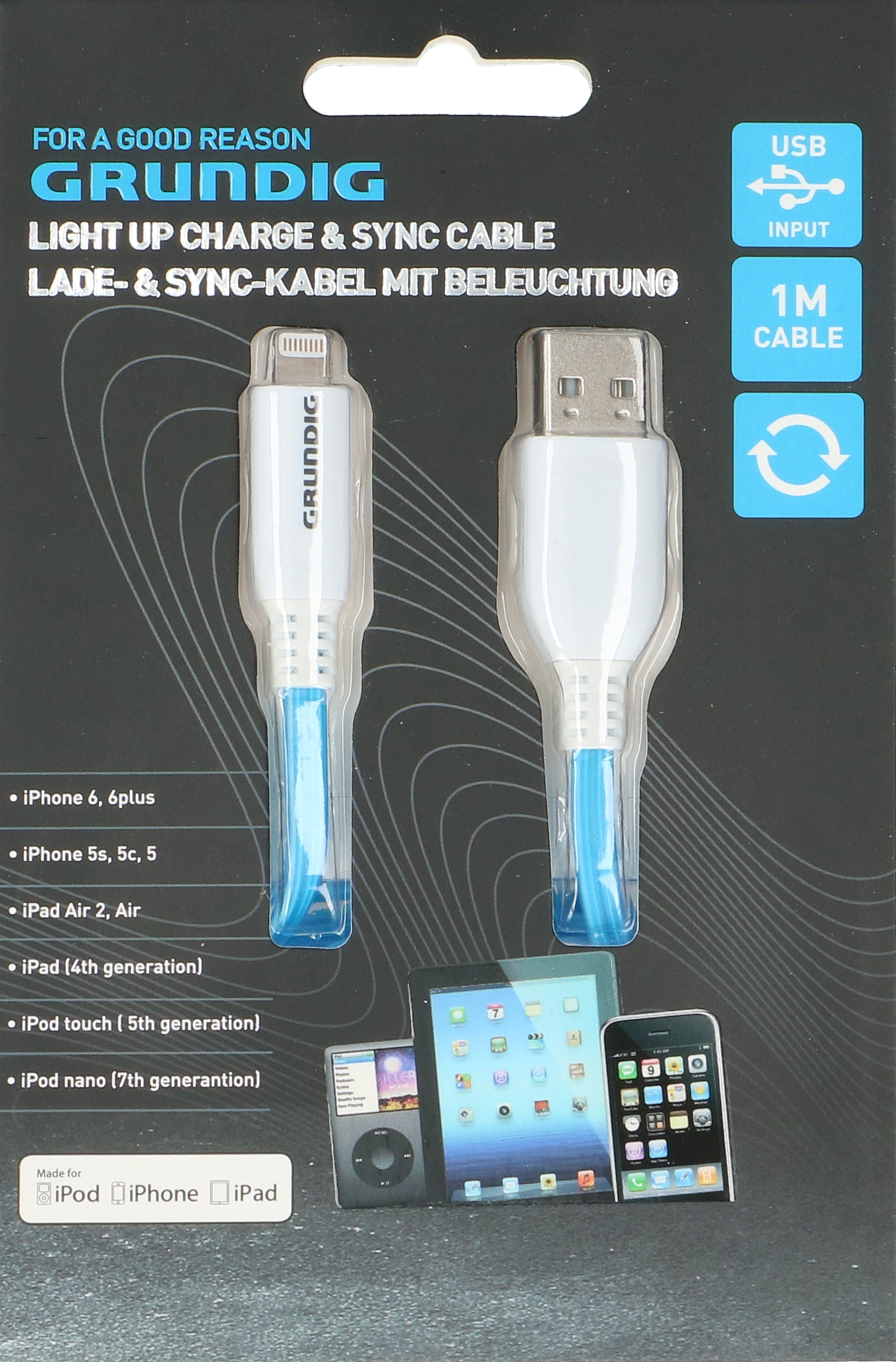 Nabíjací a synchronizačný kábel Grundig - USB-A na Lightning - kompatibilný s iPhone a iPad - biely/modrý