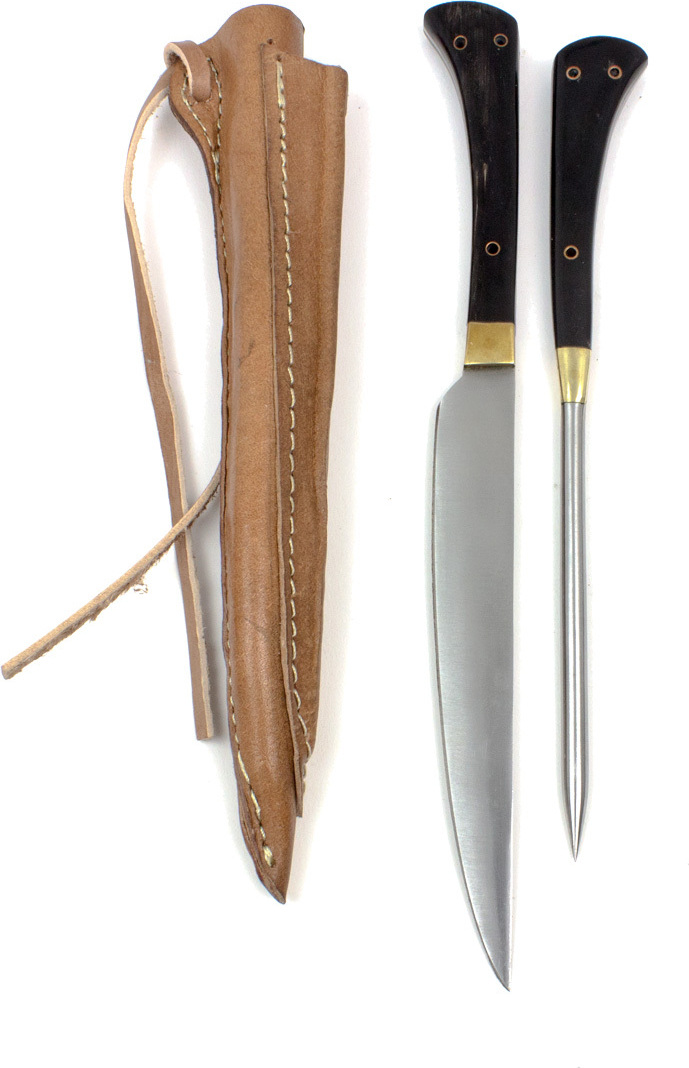 Vehi Mercatus Mittelalter-Besteck Set Typ 4 mit Doppellederscheide schwarzer Griff 020 050 010 / Messer+Pfriem+Lederscheide
