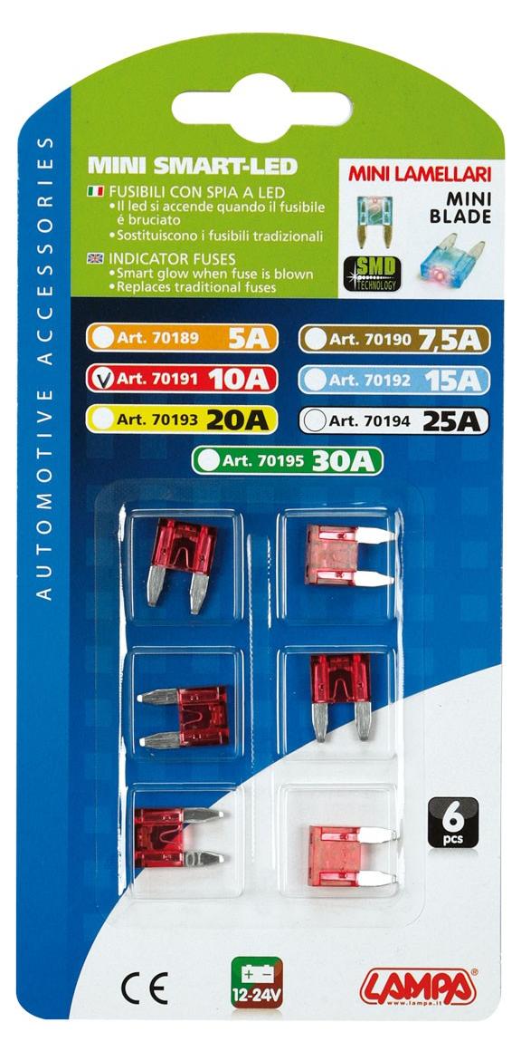 LAMPA Smart Led, Set 6 Mikro-Lamellensicherungen mit LED-Kontrollleuchte, 12/32V - Ausführung: 10A 70191