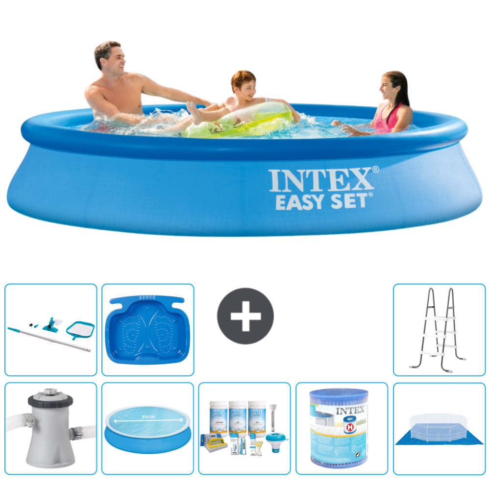 Okrúhly nafukovací bazén Intex Easy Set - 305 x 61 cm - modrý - vrátane markízy s čerpadlom - balík na údržbu - filter - podložka - čistiaca súprava - rebrík