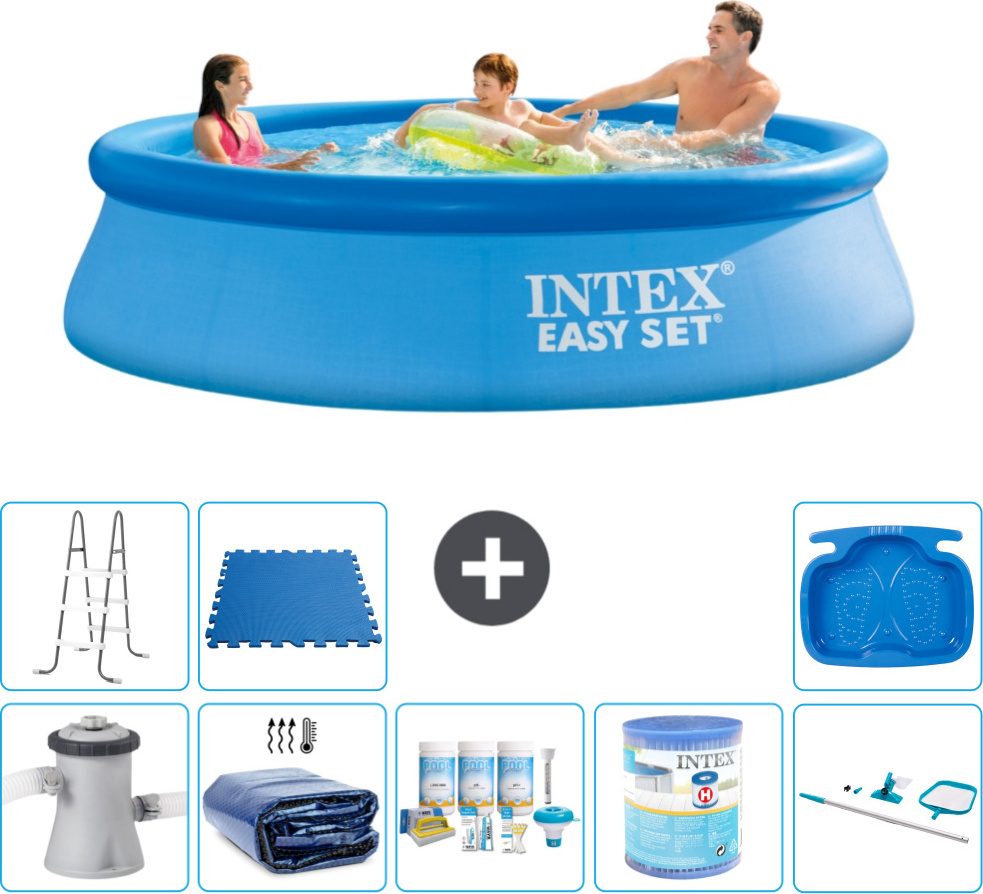 Okrúhly nafukovací bazén Intex Easy Set - 305 x 76 cm - modrý - vrátane markízy s čerpadlom - balík na údržbu - filter - čistiaca súprava - rebrík - vaňa na nohy