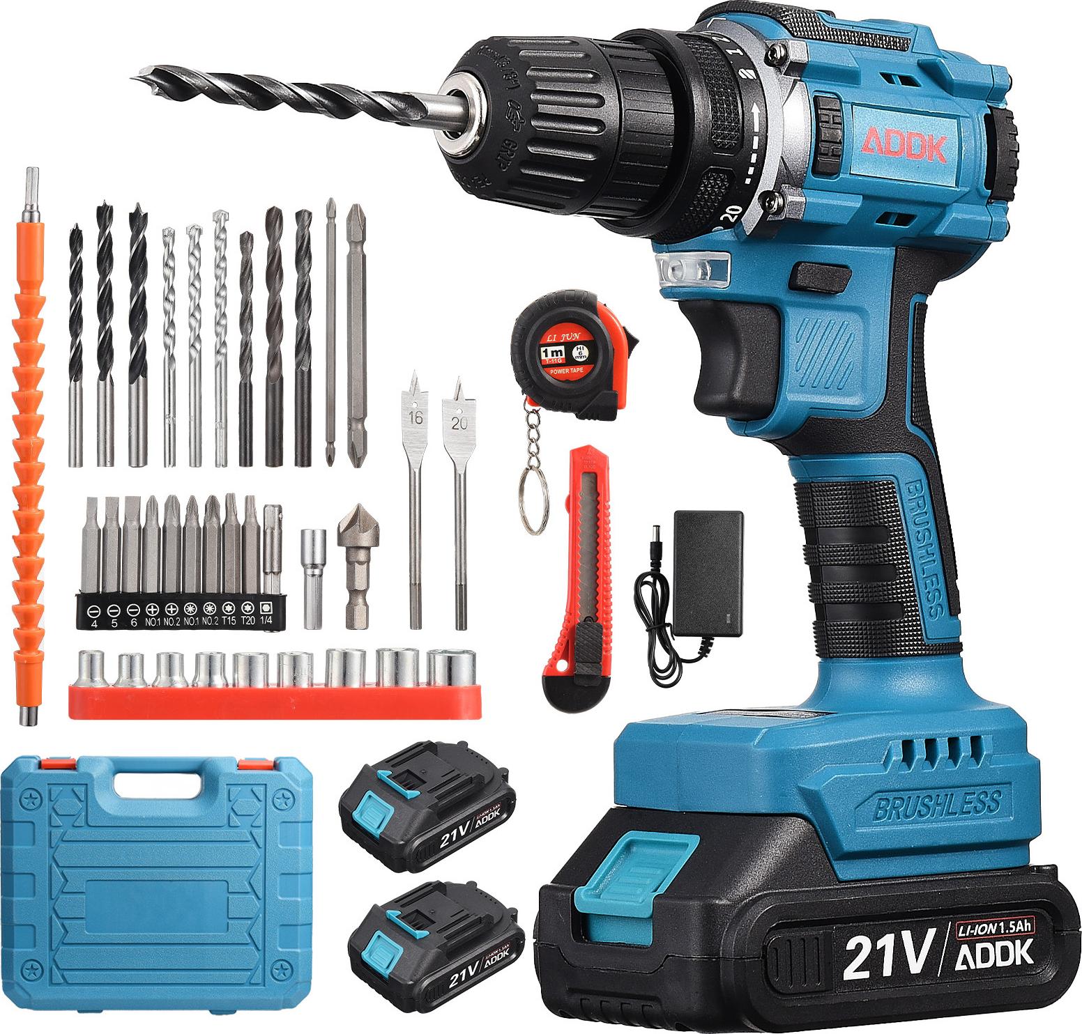 Akumulátorová vŕtačka/šrotovník 21 V, 2 x 1500 mAh lítiové batérie, kefovaný motor, 25+1 nastavení krútiaceho momentu, 2 rýchlosti, 37 kusov príslušenstva + plastová krabica PP