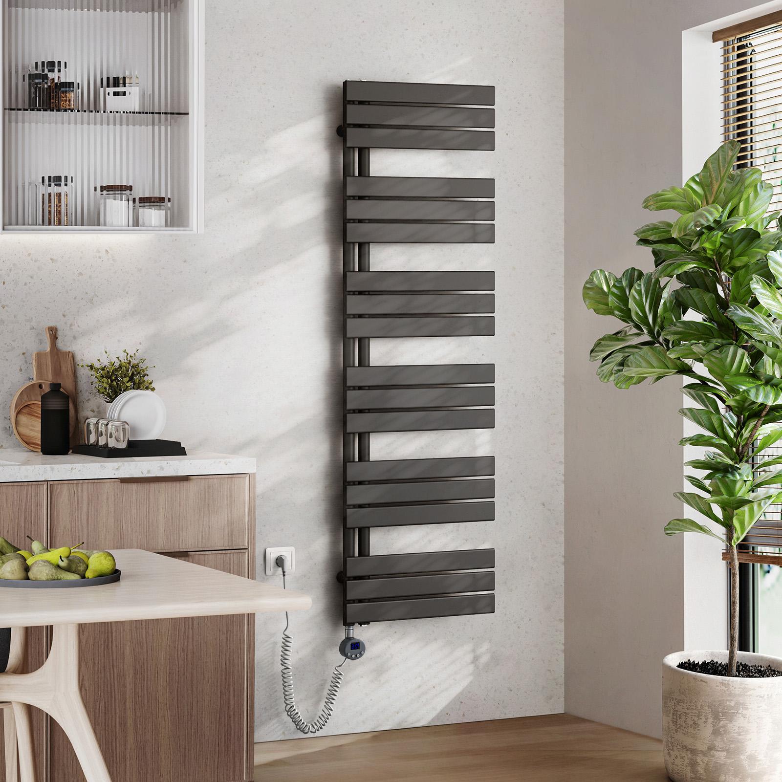 Elektrický kúpeľňový radiátor EMKE s termostatom na ohrev uterákov s wifi ovládaním 1599 x 500 mm antracitový držiak na uteráky so 100W vykurovacím telesom sušič uterákov